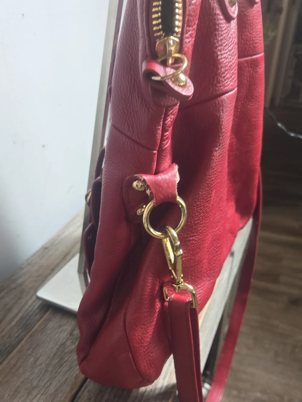 Emma Fox Red Leather Satchel Convertible Handbag with Gold Hardware